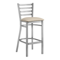 Lancaster Table & Seating Clear Coat Finish Ladder Back Bar Stool with 2 1/2" Light Gray Vinyl Padded Seat - Assembled