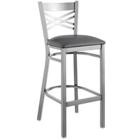 Lancaster Table & Seating Clear Coat Finish Cross Back Bar Stool with 2 1/2" Dark Gray Vinyl Padded Seat