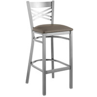 Lancaster Table & Seating Clear Coat Cross Back Bar Height Chair with Taupe Padded Seat - Preassembled