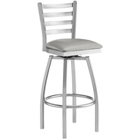 Lancaster Table & Seating Clear Coat Ladder Back Swivel Bar Height Chair with Light Gray Padded Seat