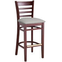 Lancaster Table & Seating Mahogany Finish Wooden Ladder Back Bar Height Chair with Light Gray Padded Seat - Detached Seat