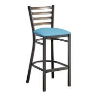 Lancaster Table & Seating Distressed Copper Finish Ladder Back Bar Stool with 2 1/2" Blue Vinyl Padded Seat - Assembled