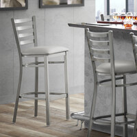 Lancaster Table & Seating Clear Coat Ladder Back Bar Height Chair with Light Gray Padded Seat - Detached Seat