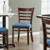 Lancaster Table & Seating Mahogany Finish Wooden Ladder Back Chair with Blue Padded Seat - Detached Seat