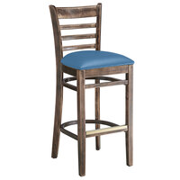 Lancaster Table & Seating Vintage Finish Wooden Ladder Back Bar Height Chair with Blue Padded Seat - Detached Seat