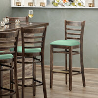 Lancaster Table & Seating Vintage Finish Wooden Ladder Back Bar Height Chair with Seafoam Padded Seat - Detached Seat