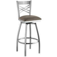 Lancaster Table & Seating Clear Coat Finish Cross Back Swivel Bar Stool with 2 1/2" Taupe Vinyl Padded Seat