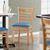 Lancaster Table & Seating Natural Finish Wooden Ladder Back Chair with Blue Padded Seat - Detached Seat