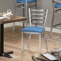 Lancaster Table & Seating Clear Coat Ladder Back Chair with Blue Padded Seat - Detached Seat