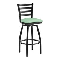 Lancaster Table & Seating Black Finish Ladder Back Swivel Bar Stool with 2 1/2" Seafoam Vinyl Padded Seat