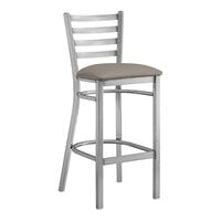 Lancaster Table & Seating Clear Coat Finish Ladder Back Bar Stool with 2 1/2" Dark Gray Vinyl Padded Seat