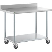 Regency 30 inch x 48 inch 18-Gauge 304 Stainless Steel Commercial Work Table with 4 inch Backsplash, Galvanized Legs, Undershelf, and Casters
