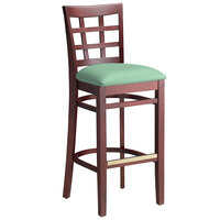 Lancaster Table & Seating Mahogany Finish Wooden Window Back Bar Height Chair with Seafoam Padded Seat - Detached Seat