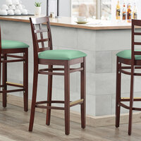 Lancaster Table & Seating Mahogany Finish Wooden Window Back Bar Height Chair with Seafoam Padded Seat - Detached Seat