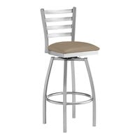 Lancaster Table & Seating Clear Coat Finish Ladder Back Swivel Bar Stool with 2 1/2" Taupe Vinyl Padded Seat