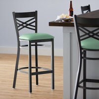Lancaster Table & Seating Black Cross Back Bar Height Chair with Seafoam Padded Seat - Detached Seat