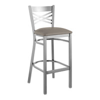Lancaster Table & Seating Clear Coat Finish Cross Back Bar Stool with 2 1/2" Dark Gray Vinyl Padded Seat - Assembled