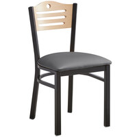 Lancaster Table & Seating Black Finish Bistro Chair with 2 1/2" Dark Gray Vinyl Padded Seat and Natural Wood Back