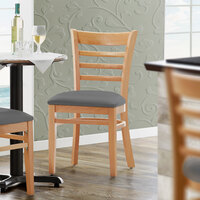 Lancaster Table & Seating Natural Finish Wooden Ladder Back Chair with Dark Gray Padded Seat - Detached Seat