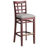 Lancaster Table & Seating Mahogany Finish Wooden Window Back Bar Height Chair with Light Gray Padded Seat - Detached Seat