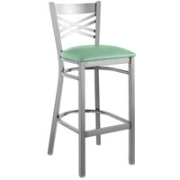 Lancaster Table & Seating Clear Coat Cross Back Bar Height Chair with Seafoam Padded Seat