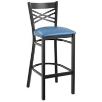 Lancaster Table & Seating Black Finish Cross Back Bar Stool with 2 1/2 inch Blue Vinyl Padded Seat - Detached
