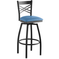 Lancaster Table & Seating Black Cross Back Swivel Bar Height Chair with Blue Padded Seat