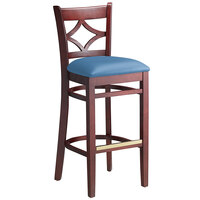 Lancaster Table & Seating Mahogany Finish Wooden Diamond Back Bar Height Chair with Blue Padded Seat - Detached Seat