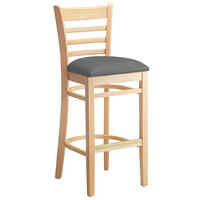 Lancaster Table & Seating Natural Finish Wood Ladder Back Bar Stool with Dark Gray Vinyl Seat - Assembled