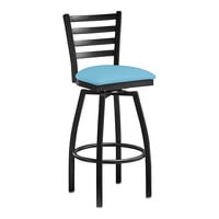 Lancaster Table & Seating Black Finish Ladder Back Swivel Bar Stool with 2 1/2" Blue Vinyl Padded Seat