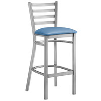 Lancaster Table & Seating Clear Coat Finish Ladder Back Bar Stool with 2 1/2" Blue Vinyl Padded Seat