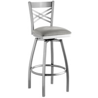 Lancaster Table & Seating Clear Coat Finish Cross Back Swivel Bar Stool with 2 1/2 inch Light Gray Vinyl Padded Seat