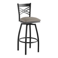 Lancaster Table & Seating Black Finish Cross Back Swivel Bar Stool with 2 1/2" Dark Gray Vinyl Padded Seat