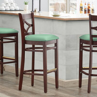Lancaster Table & Seating Mahogany Finish Wooden Diamond Back Bar Height Chair with Seafoam Padded Seat - Detached Seat