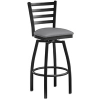 Lancaster Table & Seating Black Ladder Back Swivel Bar Height Chair with Dark Gray Padded Seat