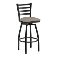 Lancaster Table & Seating Black Finish Ladder Back Swivel Bar Stool with 2 1/2" Dark Gray Vinyl Padded Seat