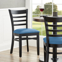 Lancaster Table & Seating Black Finish Wooden Ladder Back Chair with Blue Padded Seat - Detached Seat