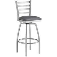 Lancaster Table & Seating Clear Coat Ladder Back Swivel Bar Height Chair with Dark Gray Padded Seat
