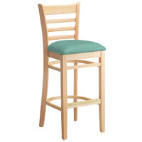 Lancaster Table & Seating Natural Finish Wood Ladder Back Bar Stool with Seafoam Vinyl Seat - Assembled