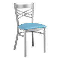 Lancaster Table & Seating Clear Coat Finish Cross Back Chair with 2 1/2" Blue Vinyl Padded Seat - Assembled