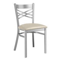 Lancaster Table & Seating Clear Coat Finish Cross Back Chair with 2 1/2" Light Gray Vinyl Padded Seat
