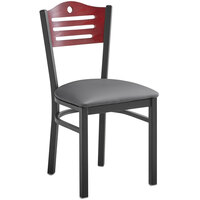 Lancaster Table & Seating Black Finish Bistro Chair with 2 1/2" Dark Gray Vinyl Padded Seat and Mahogany Wood Back