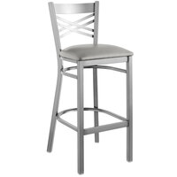 Lancaster Table & Seating Clear Coat Finish Cross Back Bar Stool with 2 1/2 inch Light Gray Vinyl Padded Seat - Detached