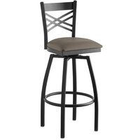 Lancaster Table & Seating Black Finish Cross Back Swivel Bar Stool with 2 1/2 inch Taupe Vinyl Padded Seat
