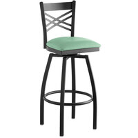 Lancaster Table & Seating Black Cross Back Swivel Bar Height Chair with Seafoam Padded Seat