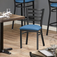 Lancaster Table & Seating Black Ladder Back Chair with Blue Padded Seat - Detached Seat
