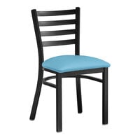 Lancaster Table & Seating Black Finish Ladder Back Chair with 2 1/2" Blue Vinyl Padded Seat