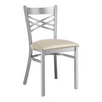 Lancaster Table & Seating Clear Coat Finish Cross Back Chair with 2 1/2" Light Gray Vinyl Padded Seat - Assembled