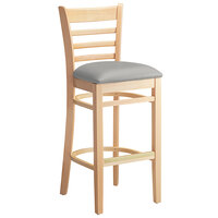 Lancaster Table & Seating Natural Finish Wood Ladder Back Bar Stool with Light Gray Vinyl Seat - Assembled