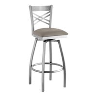 Lancaster Table & Seating Clear Coat Finish Cross Back Swivel Bar Stool with 2 1/2" Dark Gray Vinyl Padded Seat